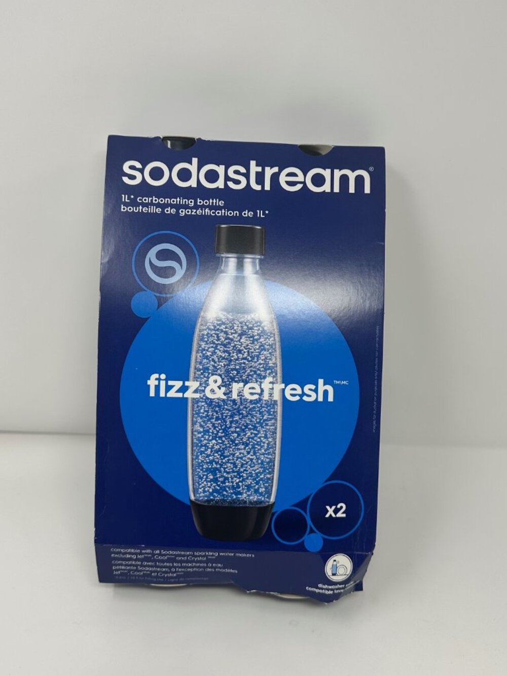 NIB SODA STREAM Two Pack 1 Liter Black Cap Bottles Tall New, Dishwasher Safe